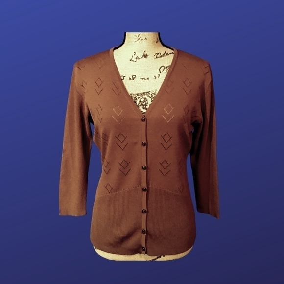 POPPY Cardigan, V-Neck, Perforated, CARAMEL BROWN, Women's Size Medium, EUC - Picture 1 of 9